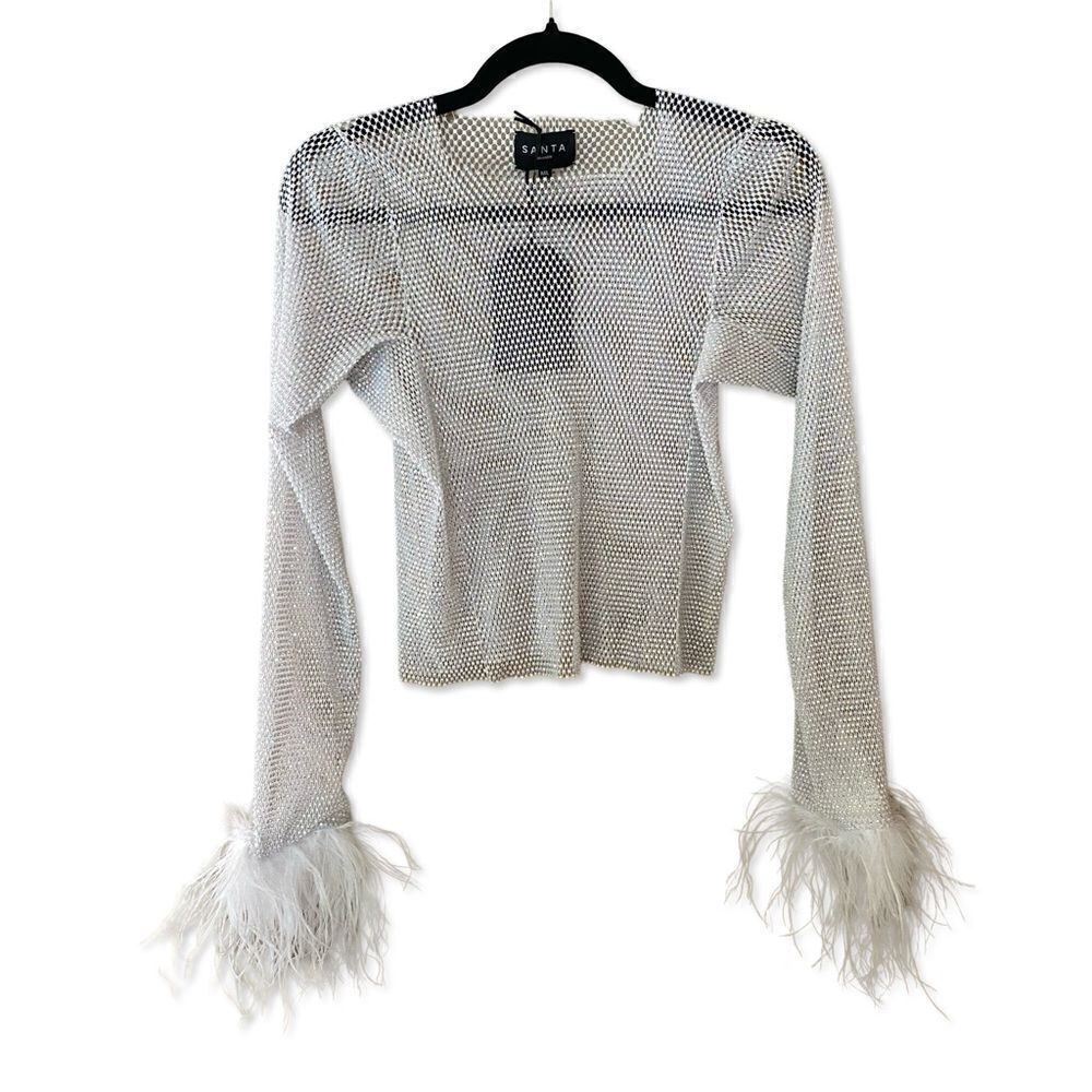 Santa Brands Feather Trim Crystal Top Mesh White Sheer Party Resort Revolve Nwt — image 6 of 8